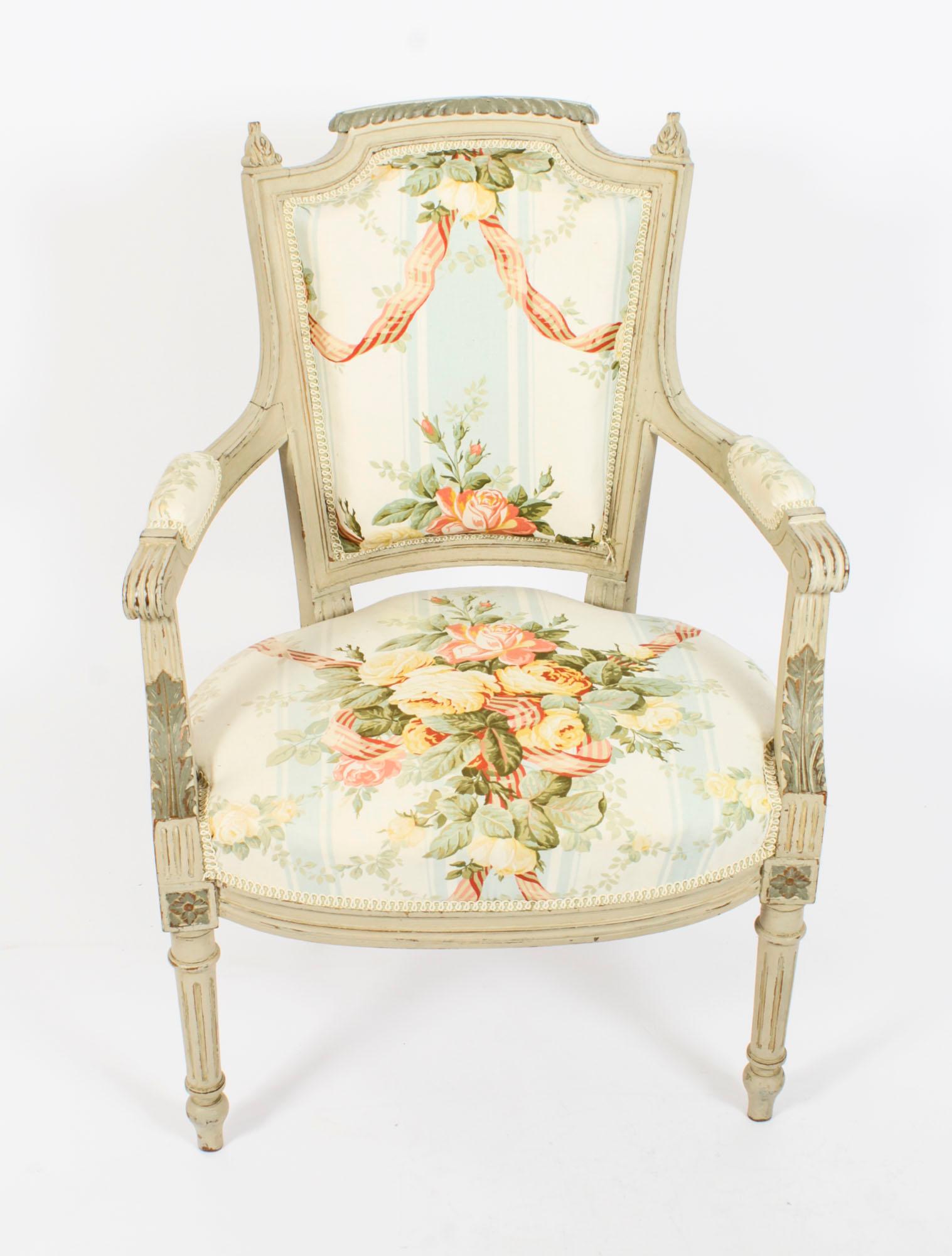 Antique Pair French Louis XVI Revival Painted Fauteuil Armchairs, 19th Century For Sale 8