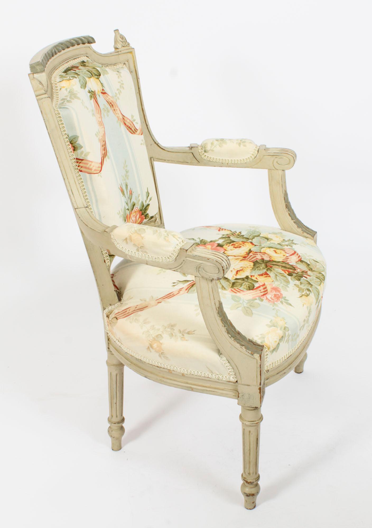 Antique Pair French Louis XVI Revival Painted Fauteuil Armchairs, 19th Century For Sale 9