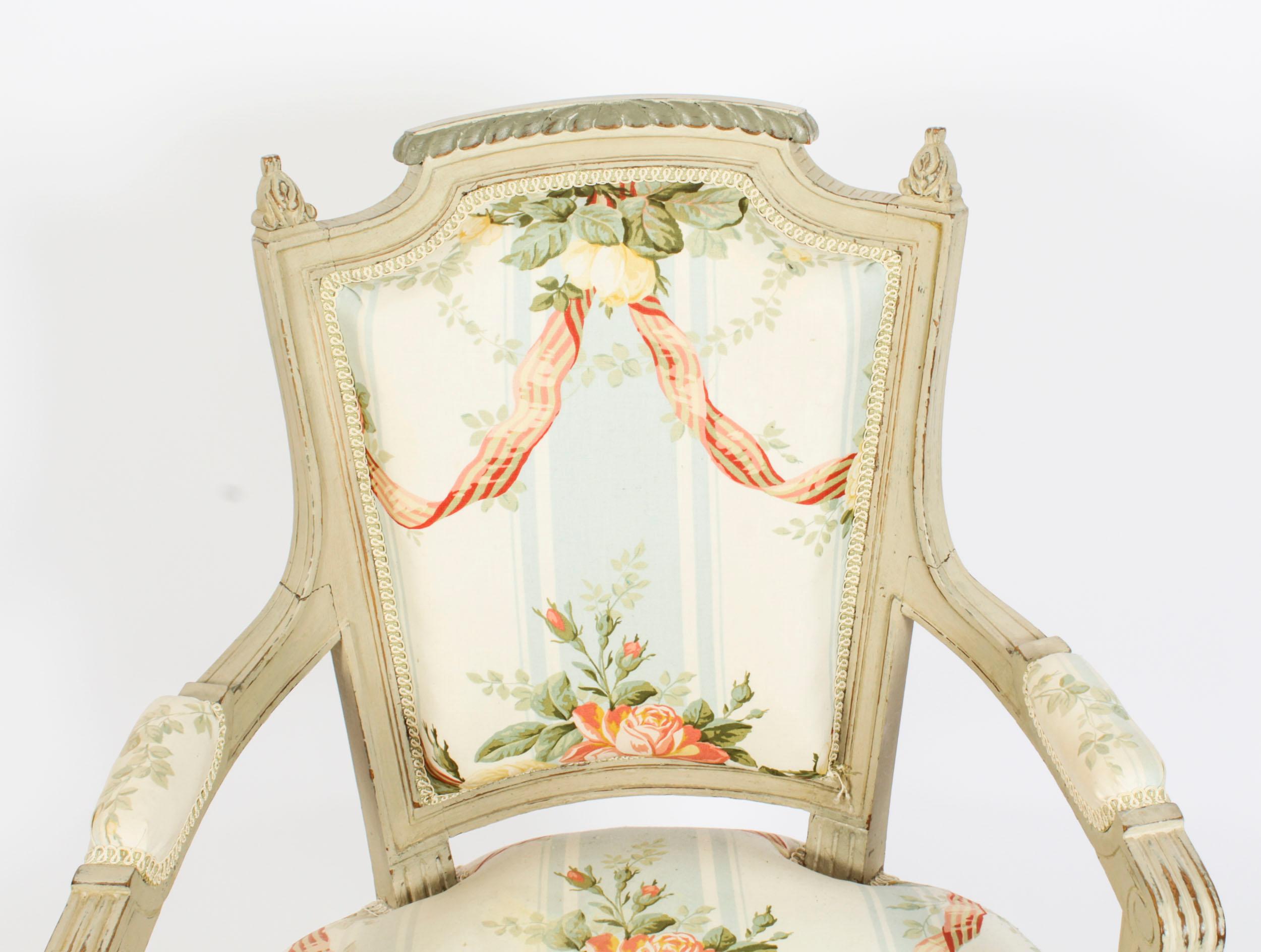 Antique Pair French Louis XVI Revival Painted Fauteuil Armchairs, 19th Century For Sale 10