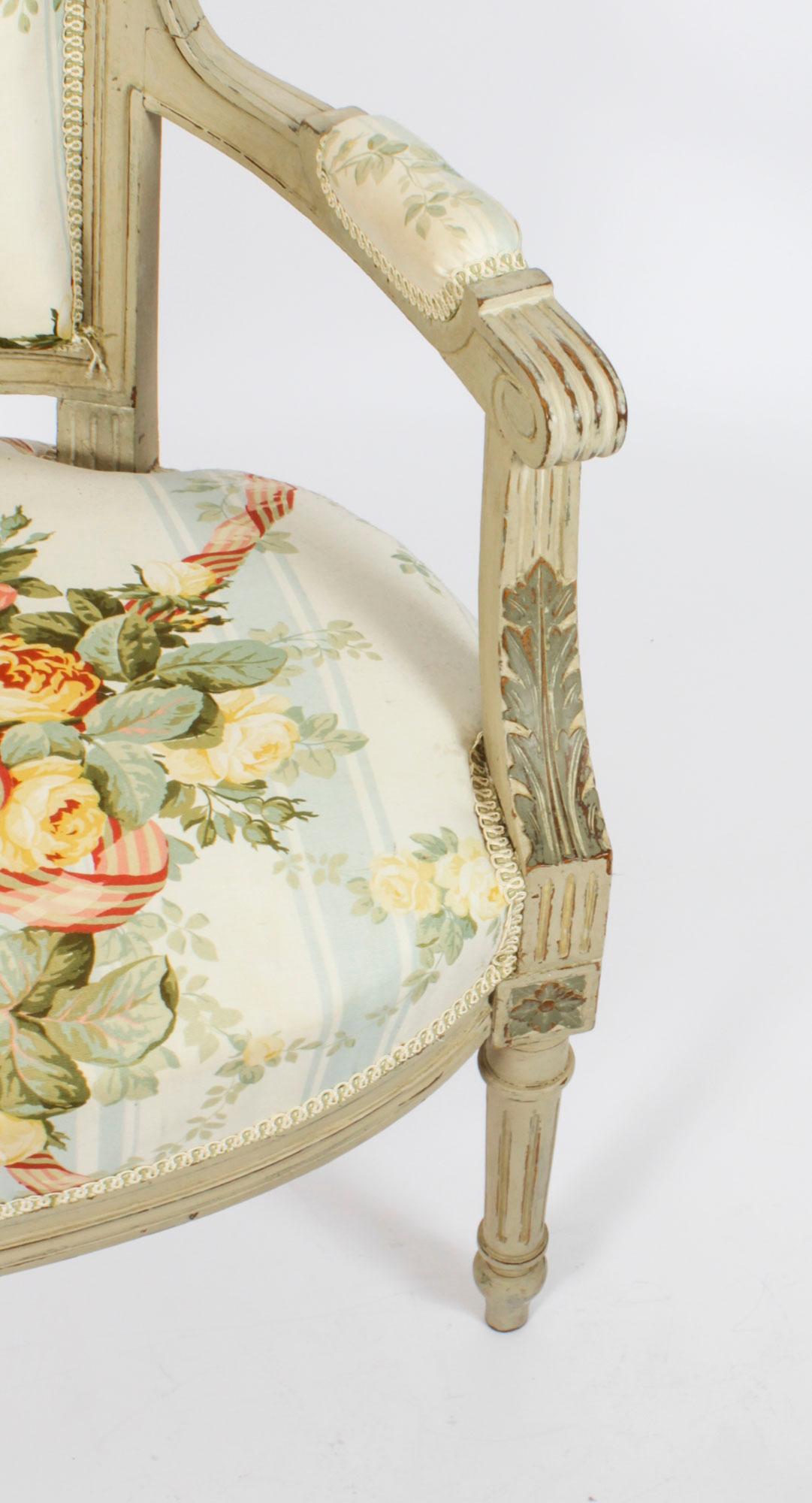 Antique Pair French Louis XVI Revival Painted Fauteuil Armchairs, 19th Century For Sale 13