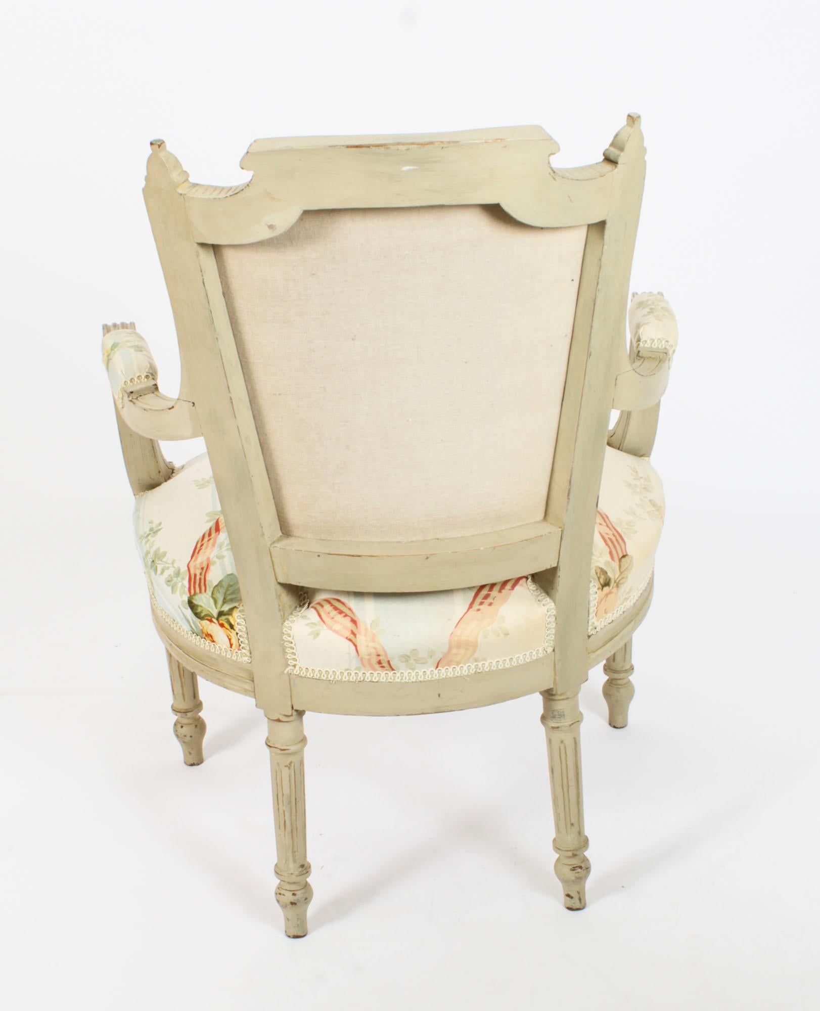 Antique Pair French Louis XVI Revival Painted Fauteuil Armchairs, 19th Century For Sale 15