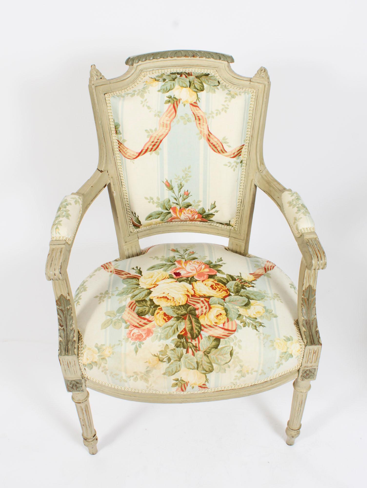 Antique Pair French Louis XVI Revival Painted Fauteuil Armchairs, 19th Century In Good Condition For Sale In London, GB