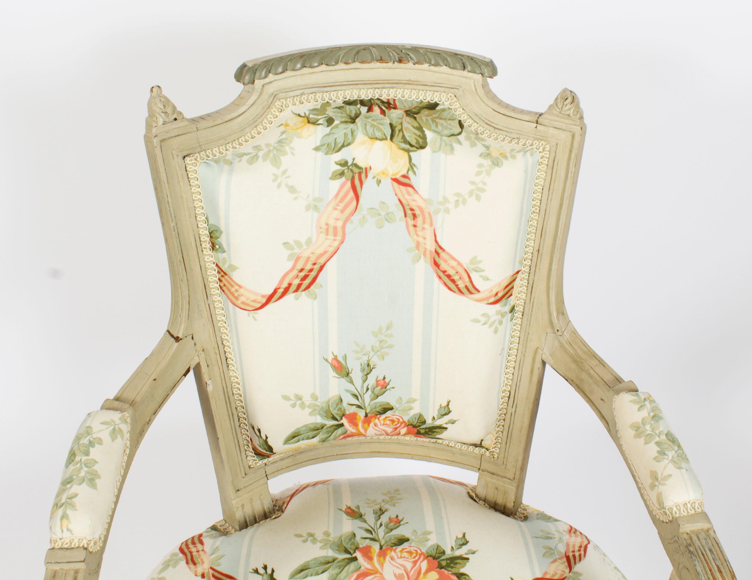 Late 19th Century Antique Pair French Louis XVI Revival Painted Fauteuil Armchairs, 19th Century For Sale