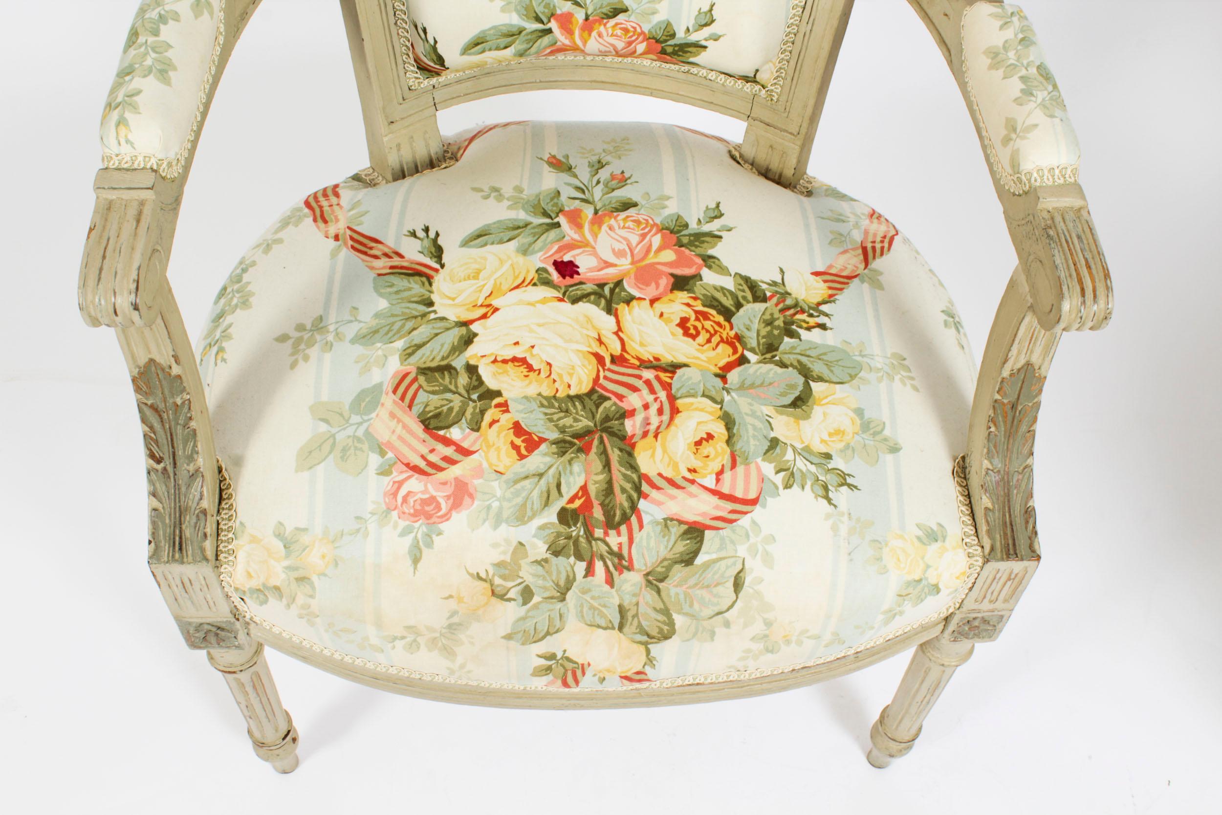 Upholstery Antique Pair French Louis XVI Revival Painted Fauteuil Armchairs, 19th Century For Sale