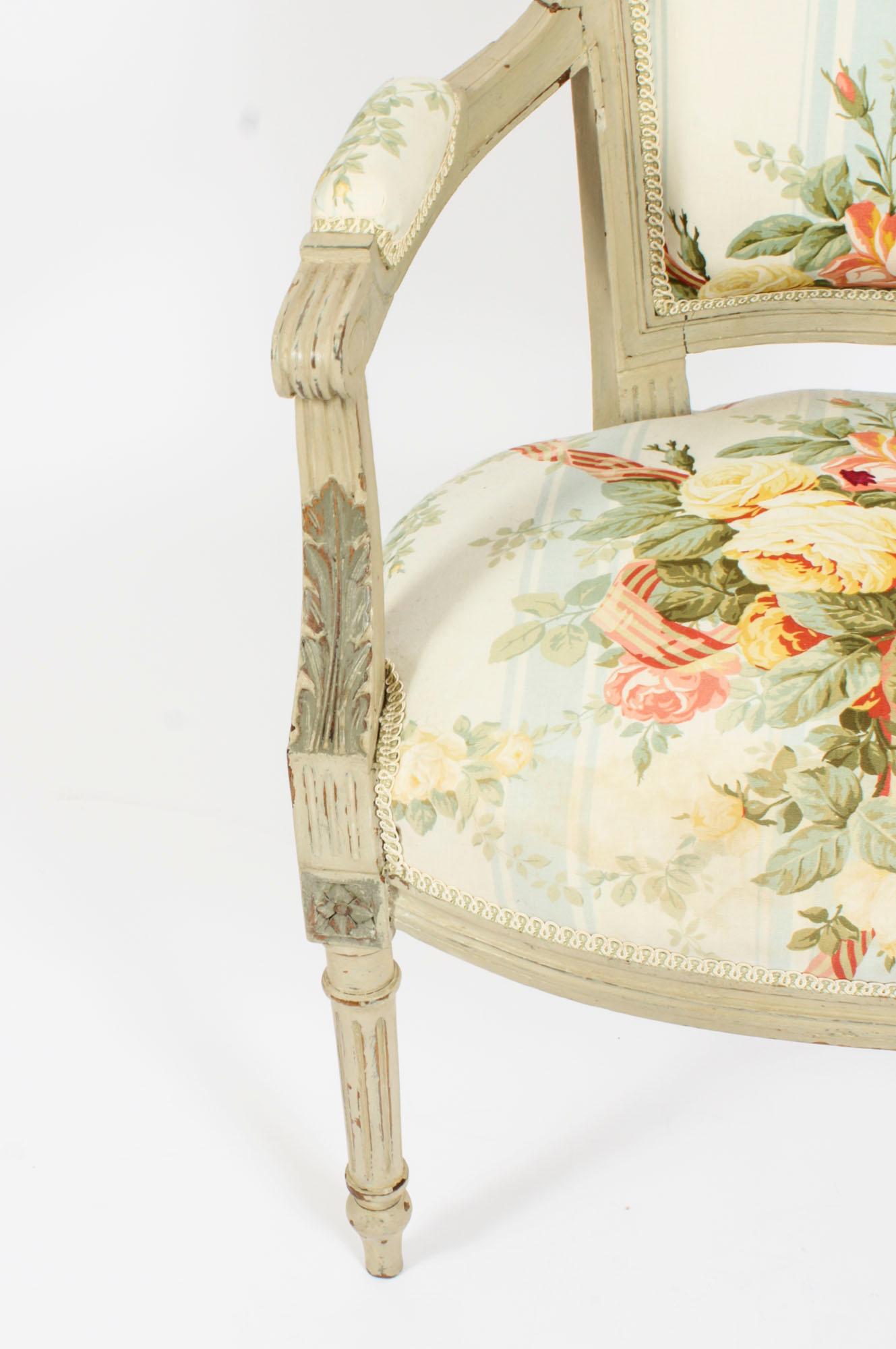 Antique Pair French Louis XVI Revival Painted Fauteuil Armchairs, 19th Century For Sale 2