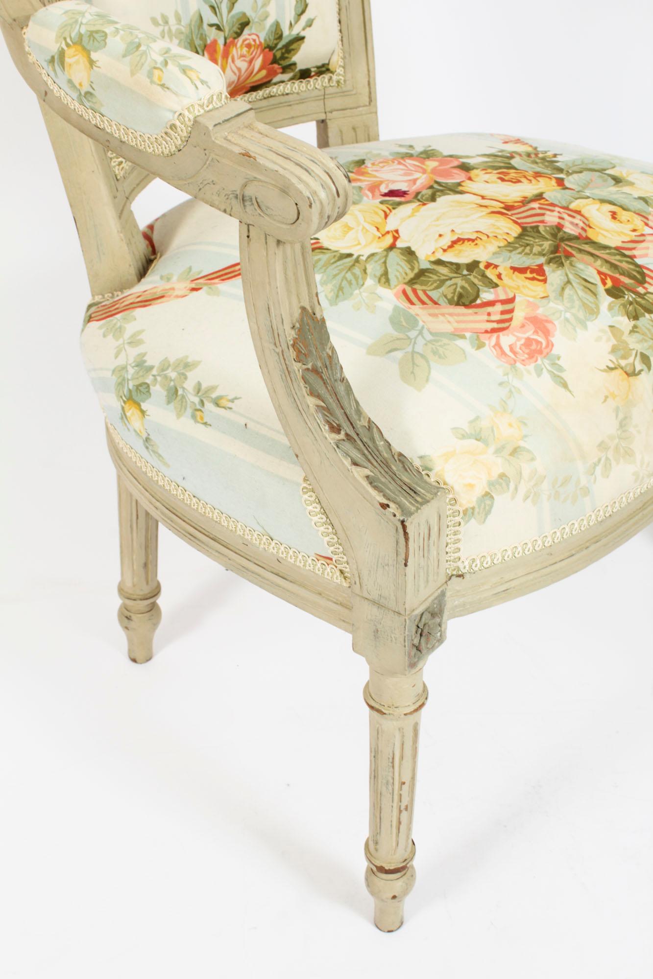 Antique Pair French Louis XVI Revival Painted Fauteuil Armchairs, 19th Century For Sale 3