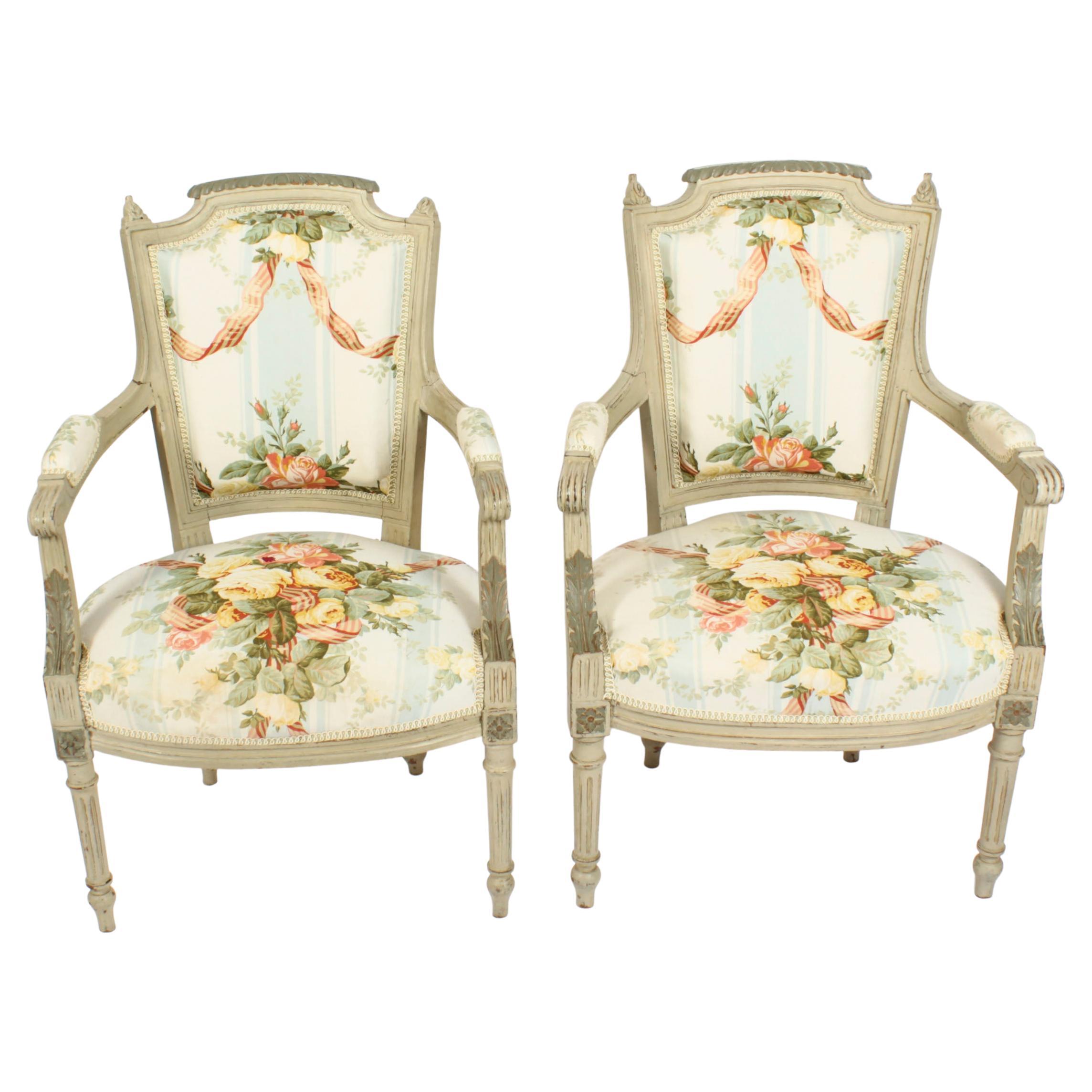 Antique Pair French Louis XVI Revival Painted Fauteuil Armchairs, 19th Century For Sale