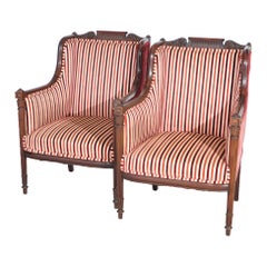 Antique Pair French Louis XVI Style Carved Mahogany Upholstered Bergere Chairs
