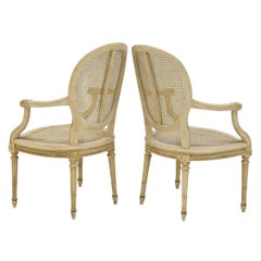Antique Pair French Louis XVI Style Painted Armchairs Cane Back Custom Cushions