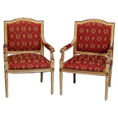 Antique Pair French Louis XVI Style Parcel-Gilt Bergere Chairs, 20th Century
