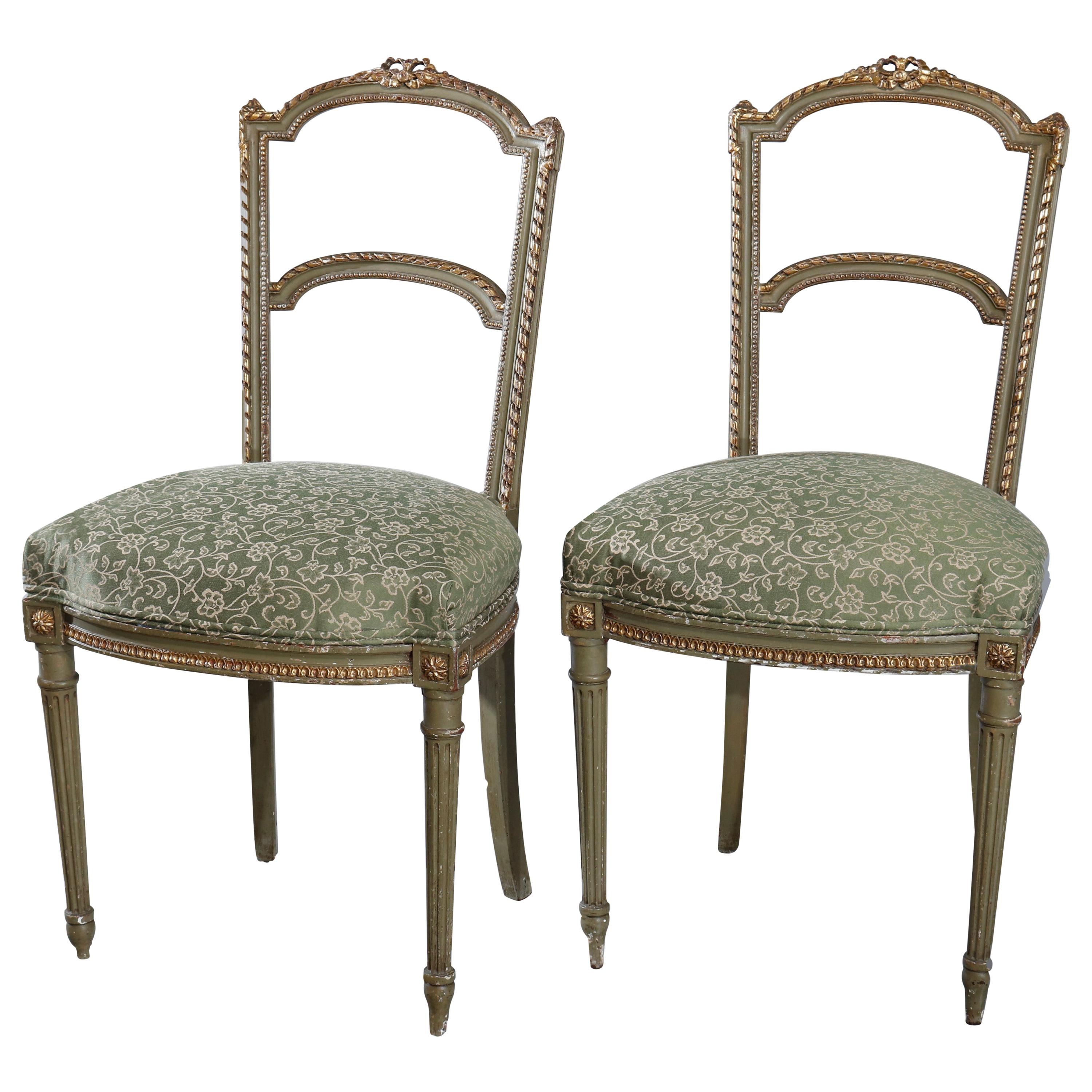 Antique Pair of French Louis XVI Style Parcel-Gilt Side Chairs, circa 1880