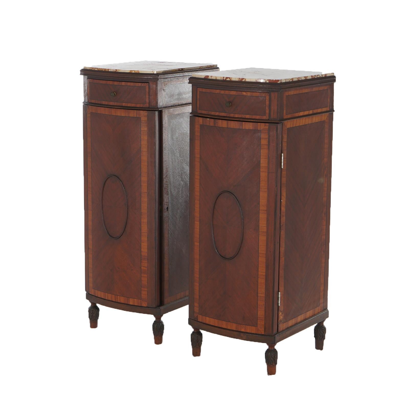 ***Ask About Reduced In-House Shipping Rates - Reliable Service & Fully Insured***

Antique Pair French Mahogany & Satinwood Inlaid Marble Top Single Drawer and Cross-Banded Side Cabinets C1900

Measures - 42