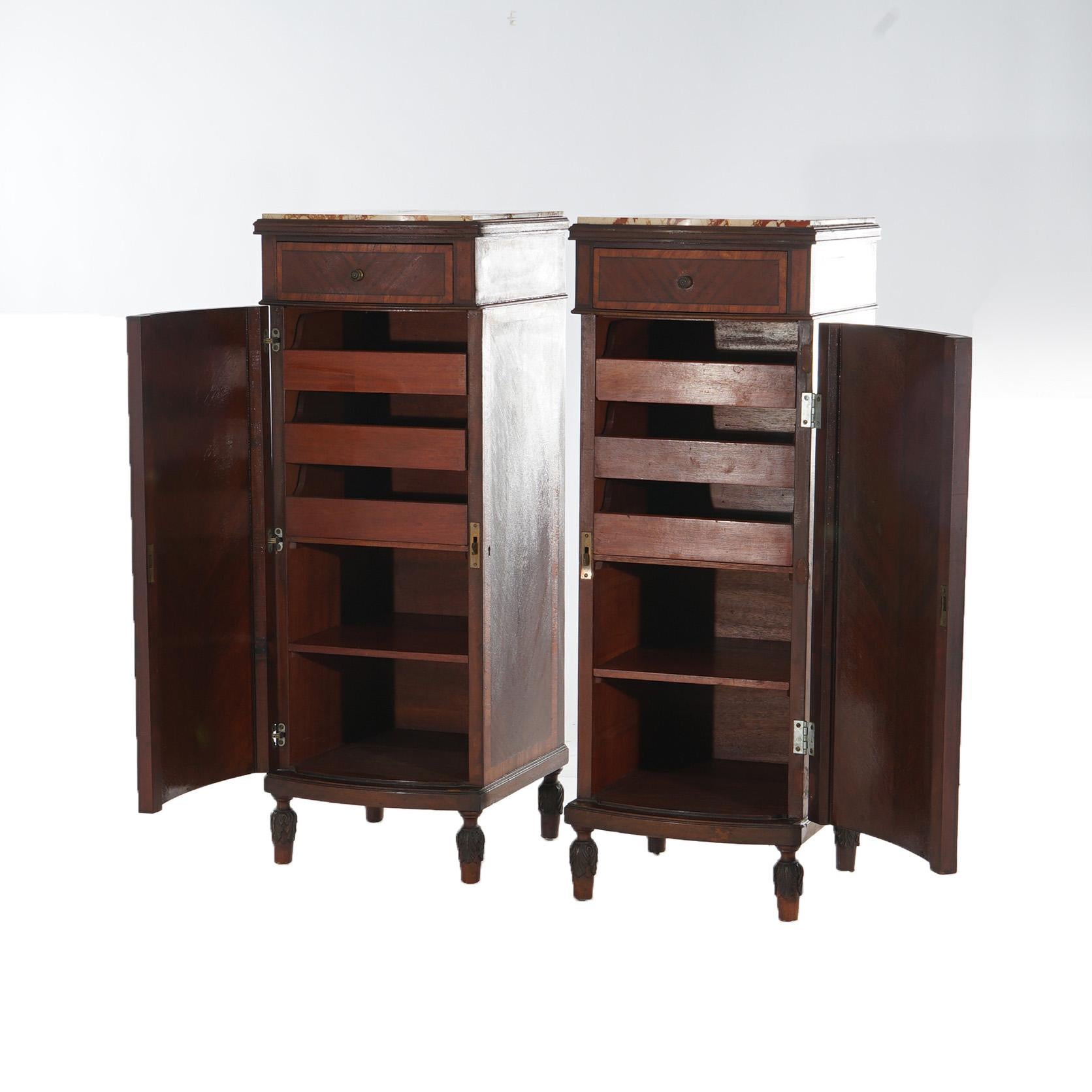 Louis XVI Antique Pair French Mahogany & Satinwood Inlaid Marble Top Side Cabinets C1900 For Sale
