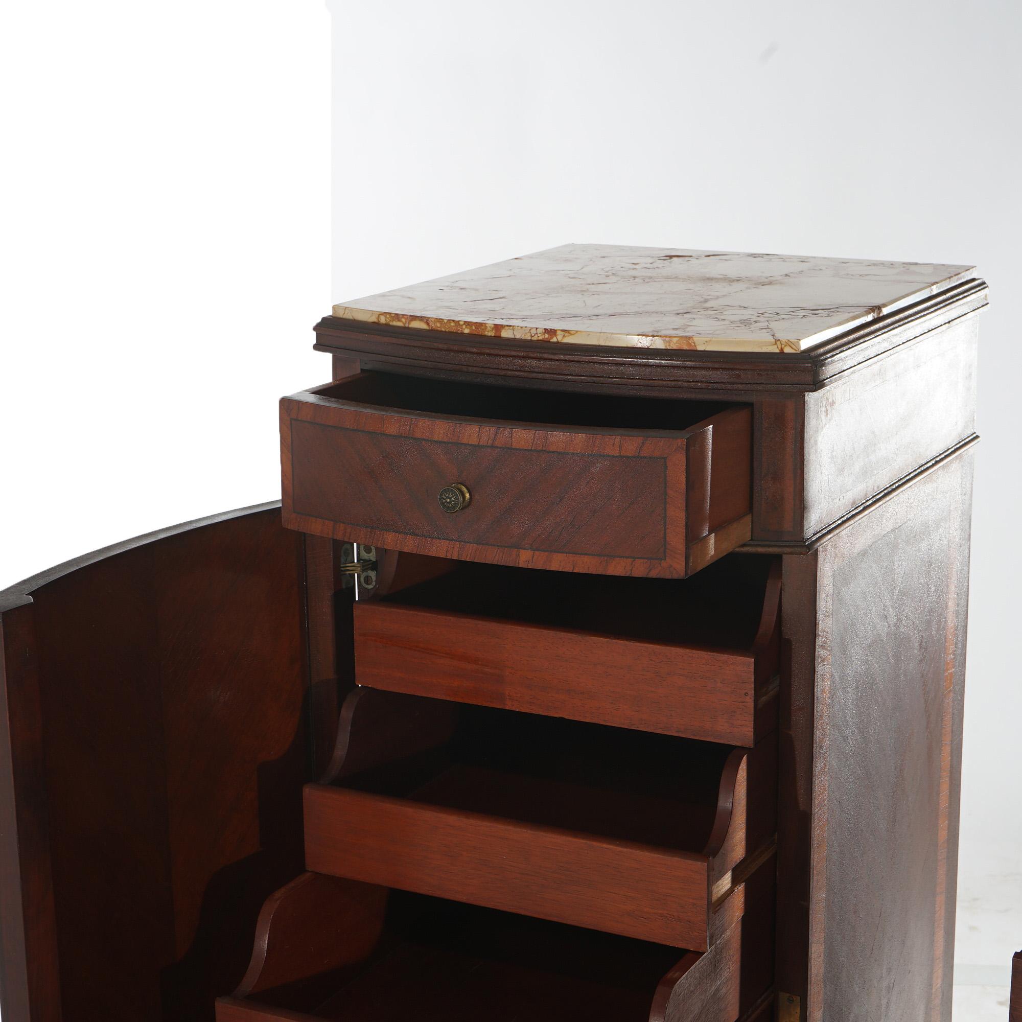 20th Century Antique Pair French Mahogany & Satinwood Inlaid Marble Top Side Cabinets C1900 For Sale