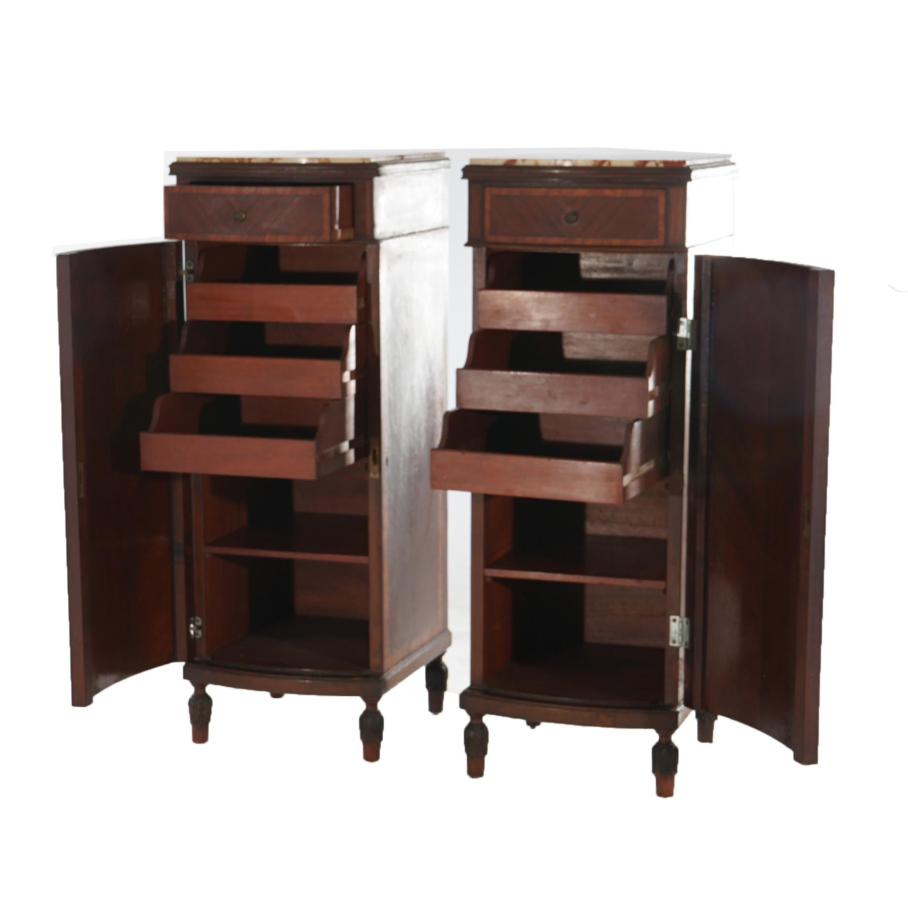 Antique Pair French Mahogany & Satinwood Inlaid Marble Top Side Cabinets C1900 For Sale 2