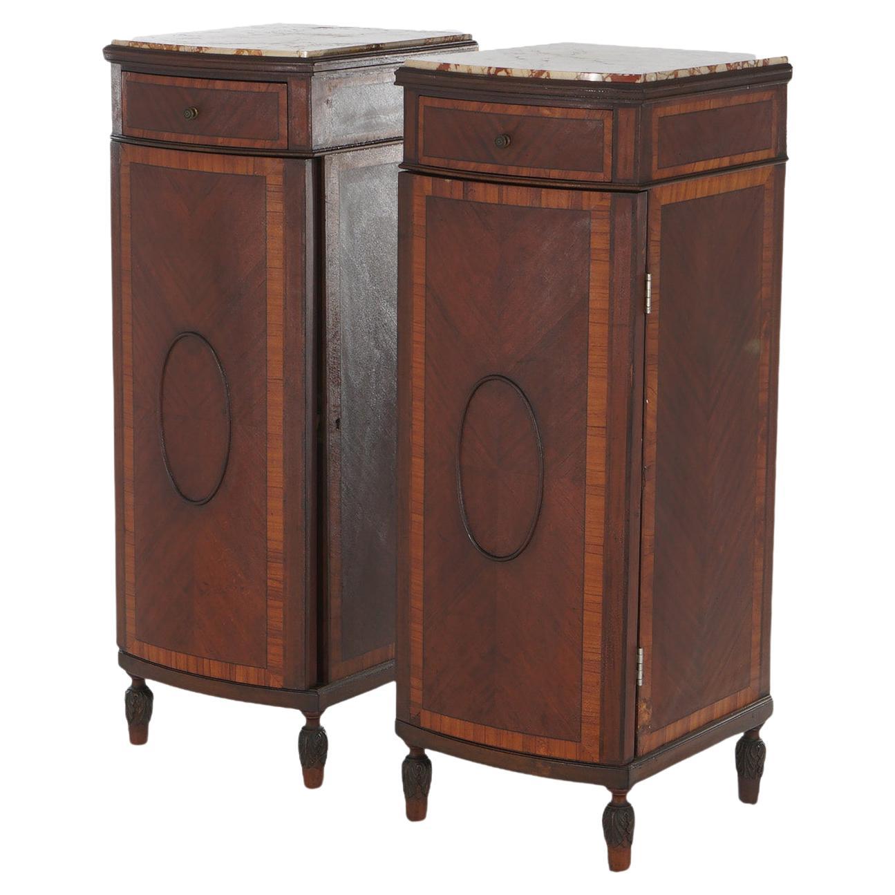 Antique Pair French Mahogany & Satinwood Inlaid Marble Top Side Cabinets C1900 For Sale