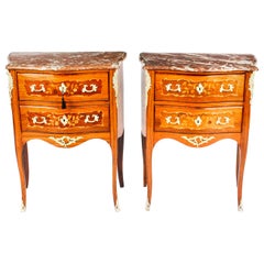 Antique Pair French Marquetry Petit Commodes Bedside Chests, 19th C