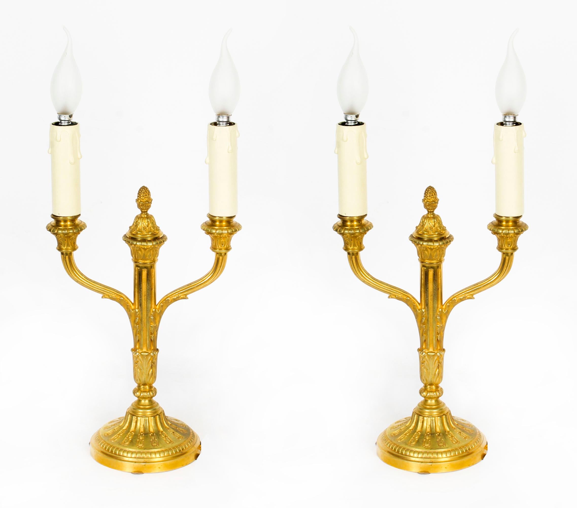 Antique Pair of French Neoclassical Ormolu Candelabra Table Lamps, 19th Century 7