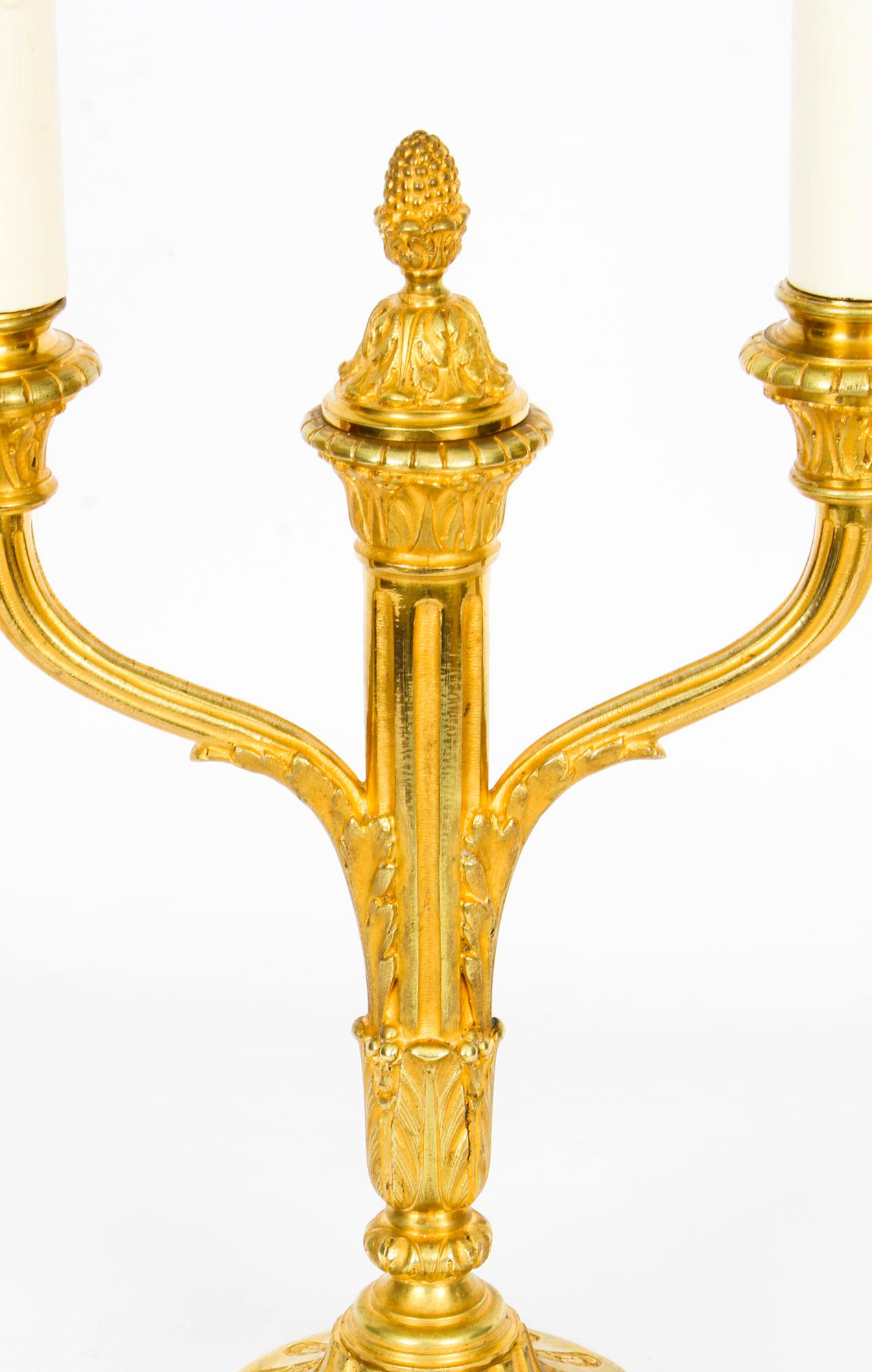 Mid-19th Century Antique Pair of French Neoclassical Ormolu Candelabra Table Lamps, 19th Century