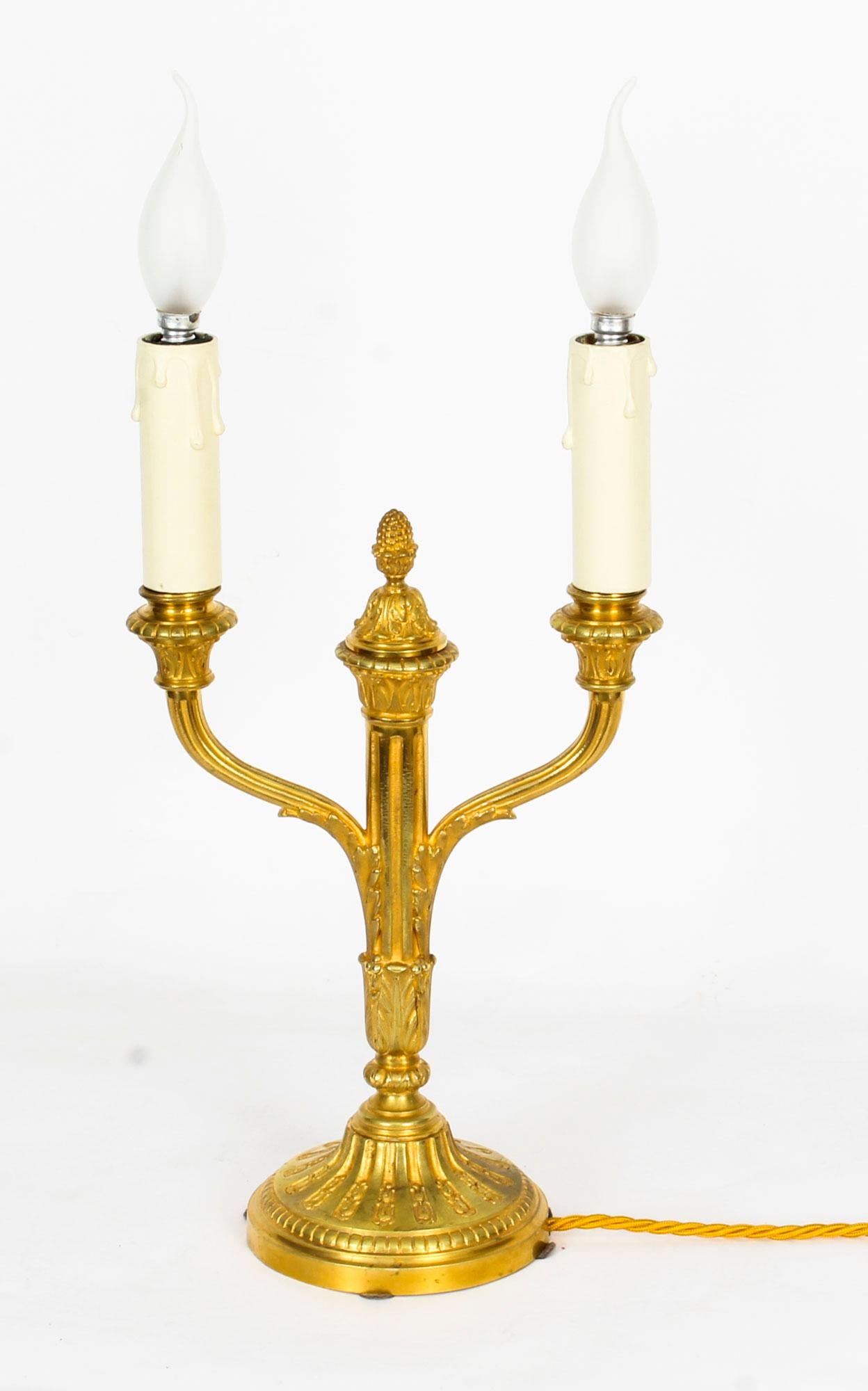 Antique Pair of French Neoclassical Ormolu Candelabra Table Lamps, 19th Century 3