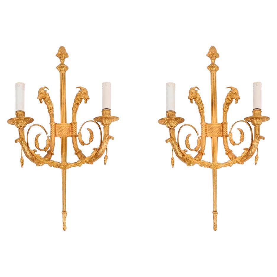 Antique Pair French Neo-classical Ormolu Wall Lights Appliques 19th century