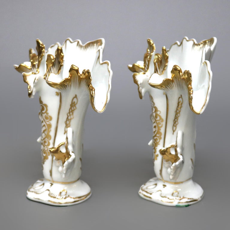 Antique Pair of French Old Paris Porcelain Gilt Decorated Spill Vases