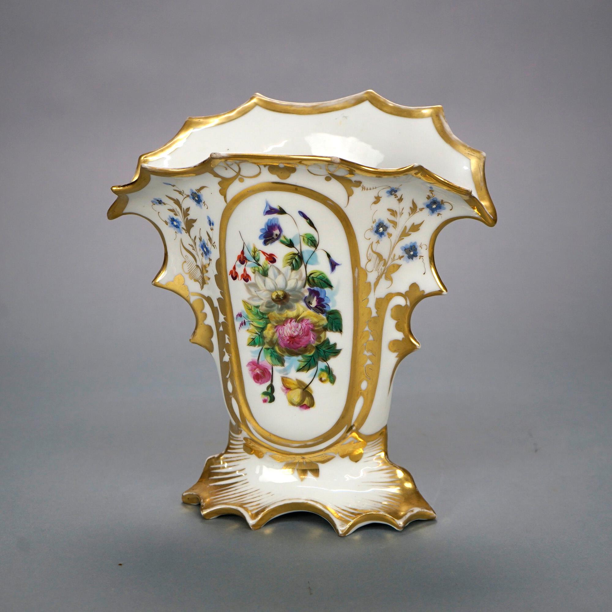 Antique Pair French Old Paris Porcelain Hand Painted Floral & Gilt Vases 19th C In Good Condition In Big Flats, NY