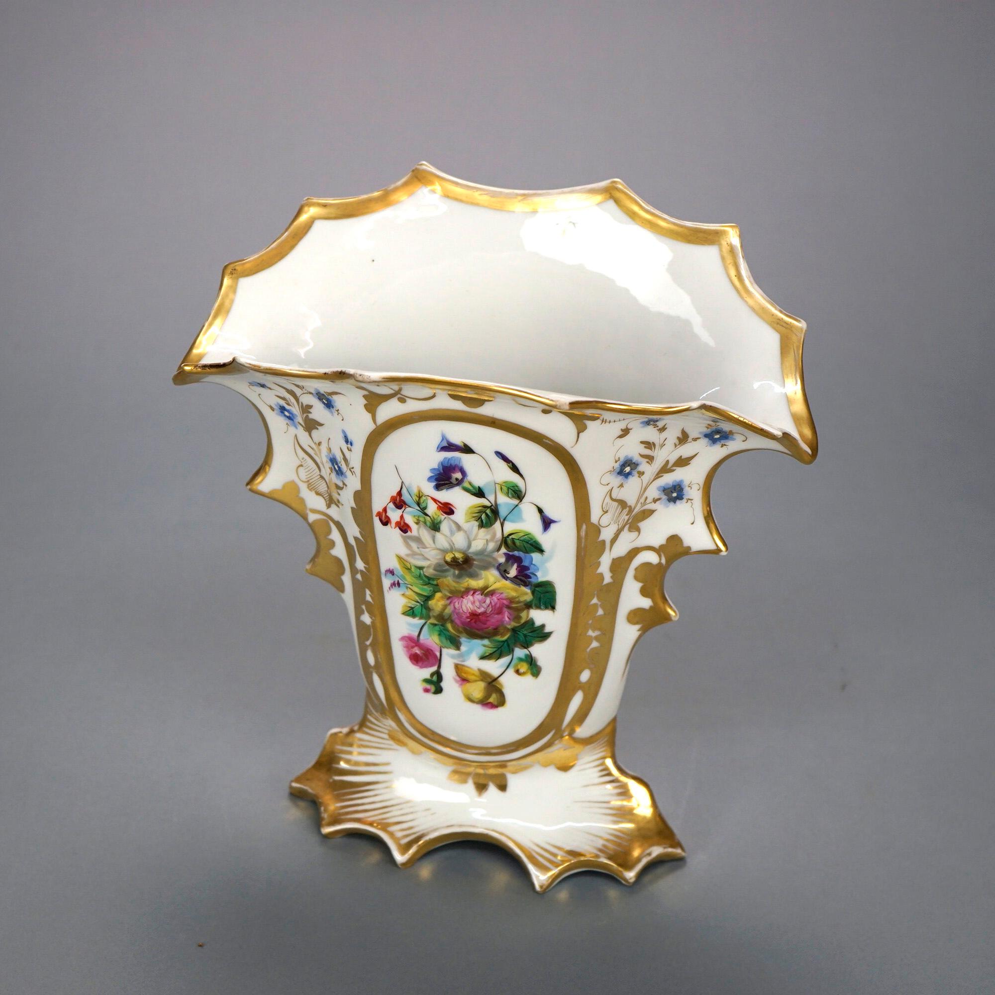 19th Century Antique Pair French Old Paris Porcelain Hand Painted Floral & Gilt Vases 19th C