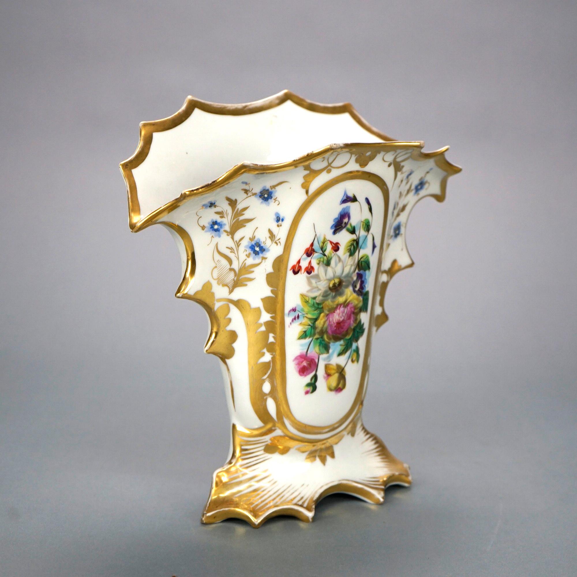 Antique Pair French Old Paris Porcelain Hand Painted Floral & Gilt Vases 19th C 1