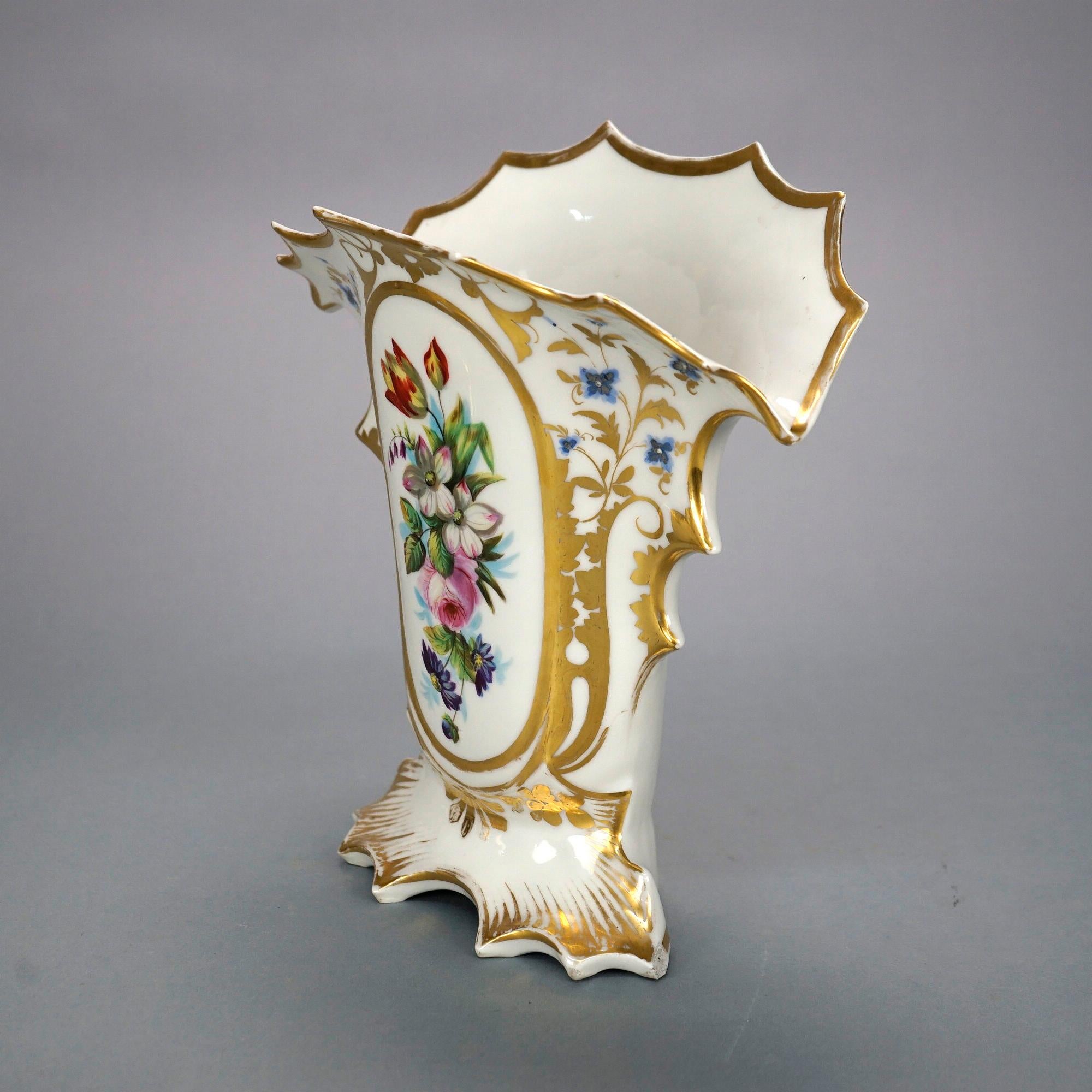 Antique Pair French Old Paris Porcelain Hand Painted Floral & Gilt Vases 19th C 2
