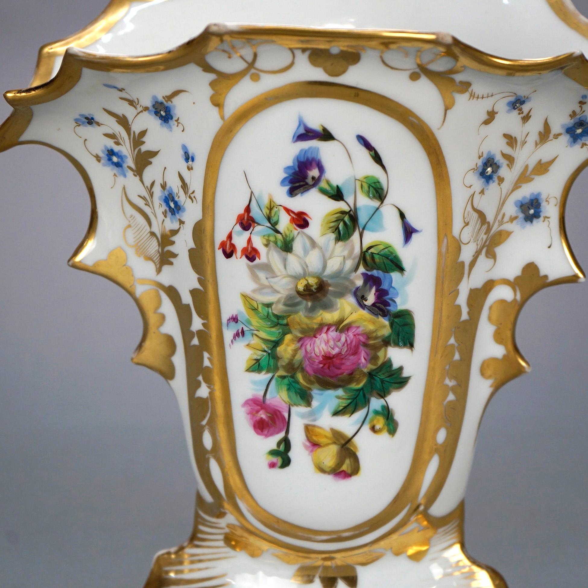 Antique Pair French Old Paris Porcelain Hand Painted Floral & Gilt Vases 19th C 3