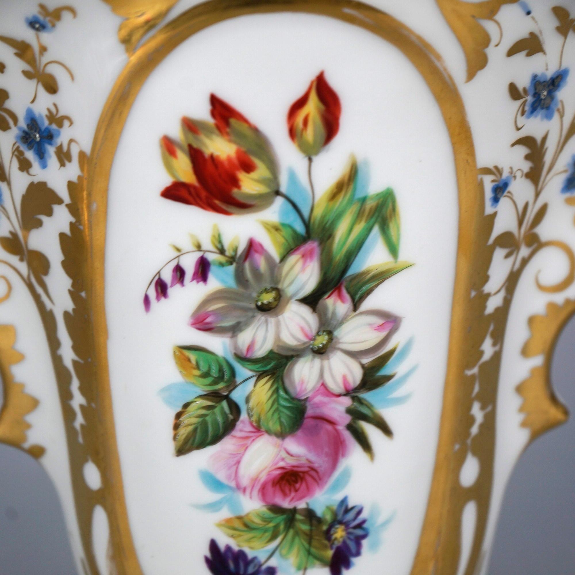 Antique Pair French Old Paris Porcelain Hand Painted Floral & Gilt Vases 19th C 4