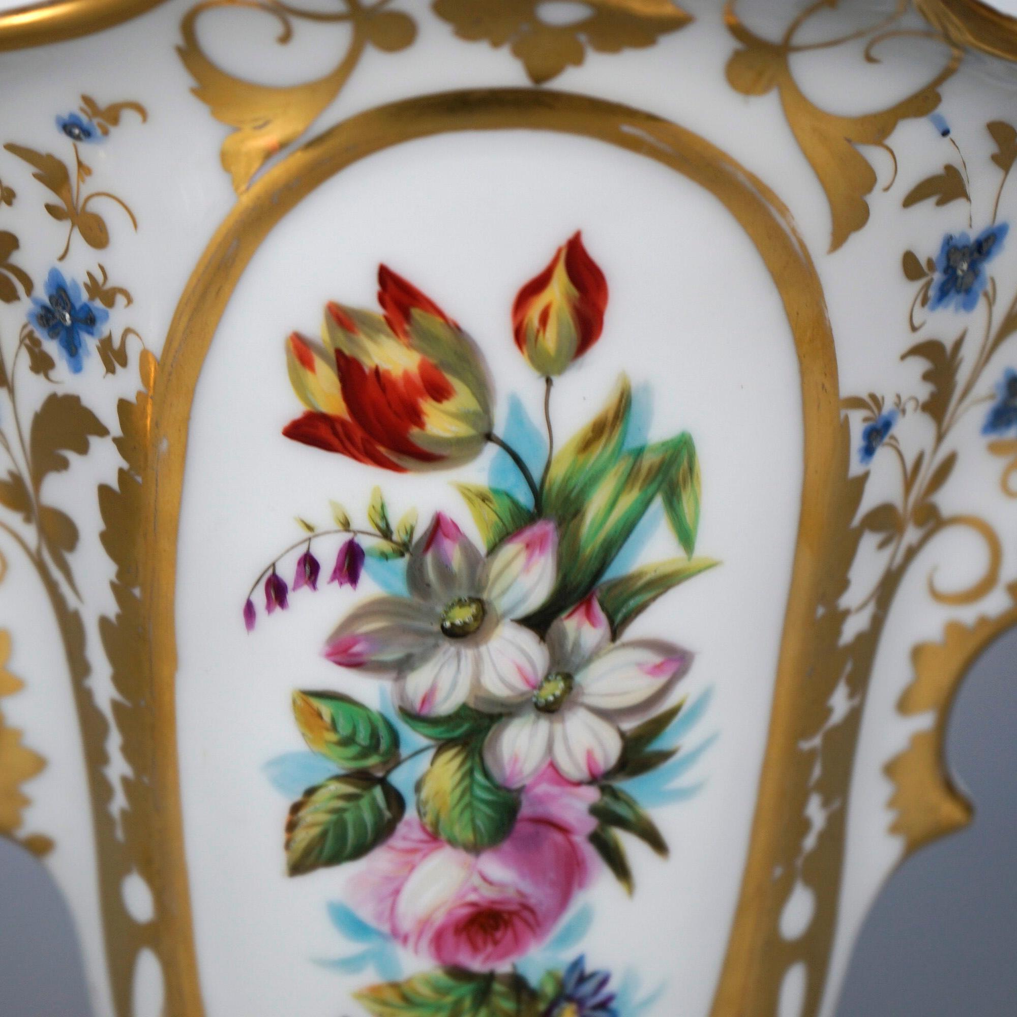 Antique Pair French Old Paris Porcelain Hand Painted Floral & Gilt Vases 19th C 5