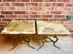 Antique Pair French Onyx Brass Accent Side Tables Early 20th C