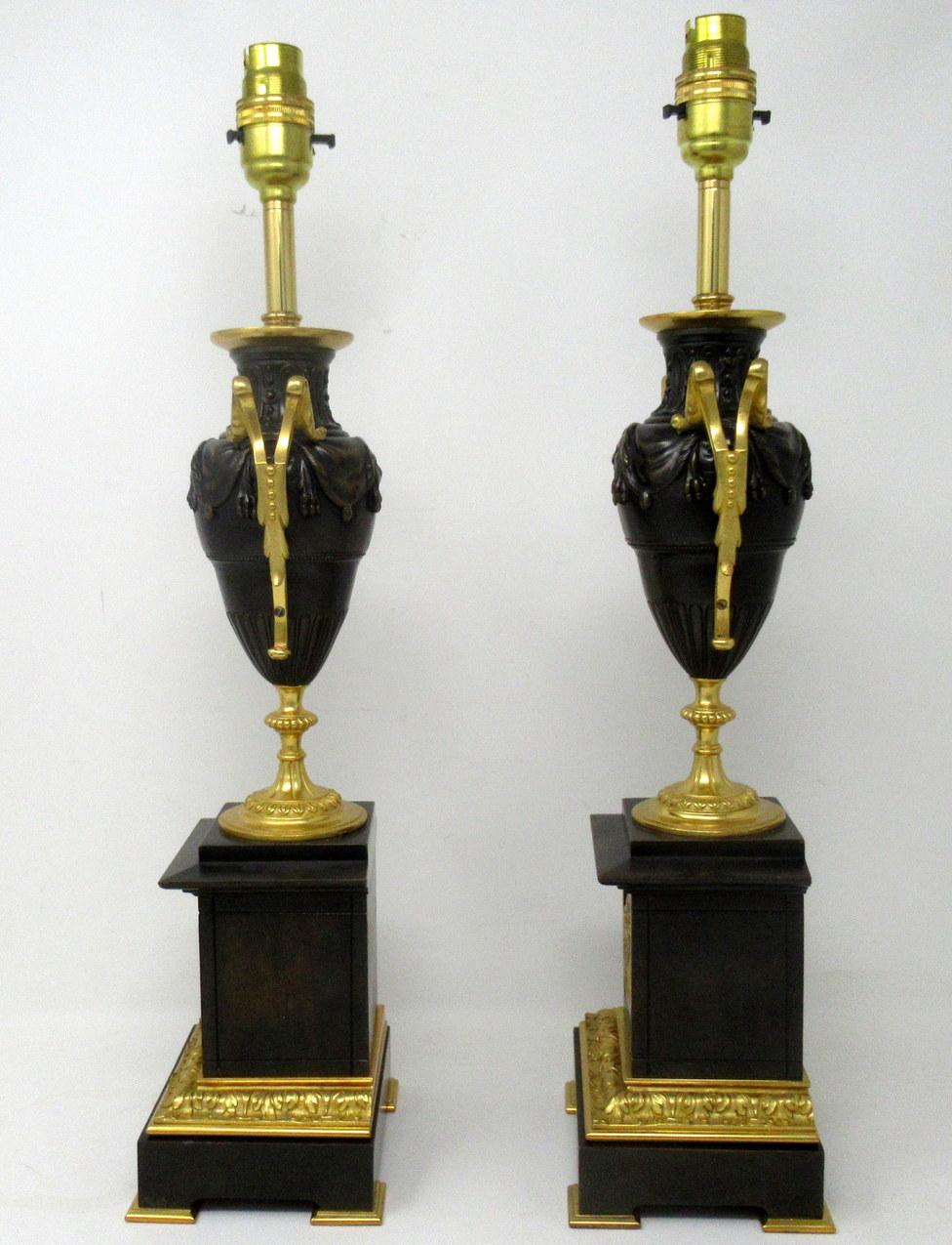 Early Victorian Antique Pair French Ormolu and Dore Bronze Grand Tour Electric Table Urns Lamps For Sale