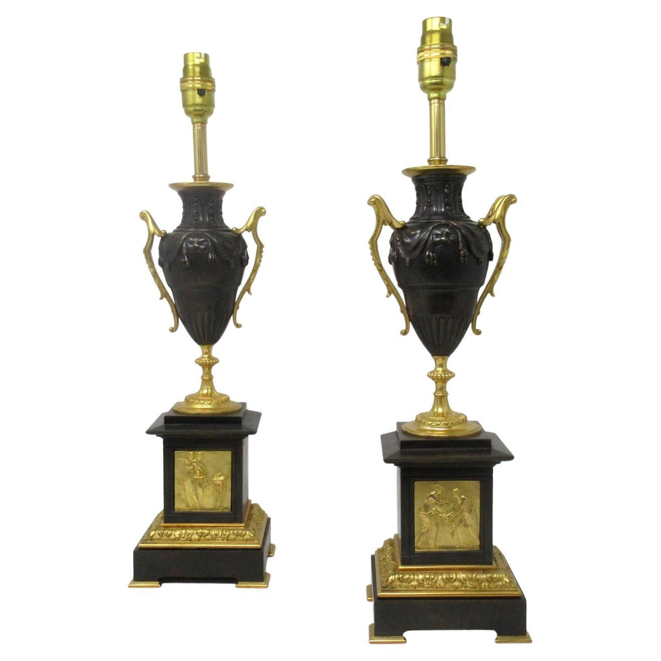 Antique Pair French Ormolu and Dore Bronze Grand Tour Electric Table Urns Lamps For Sale