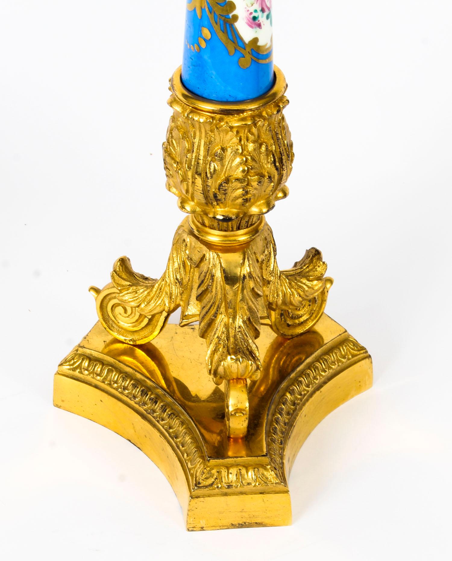 Antique Pair of French Ormolu and Sevres Bleu Celeste Porcelain Lamps 8