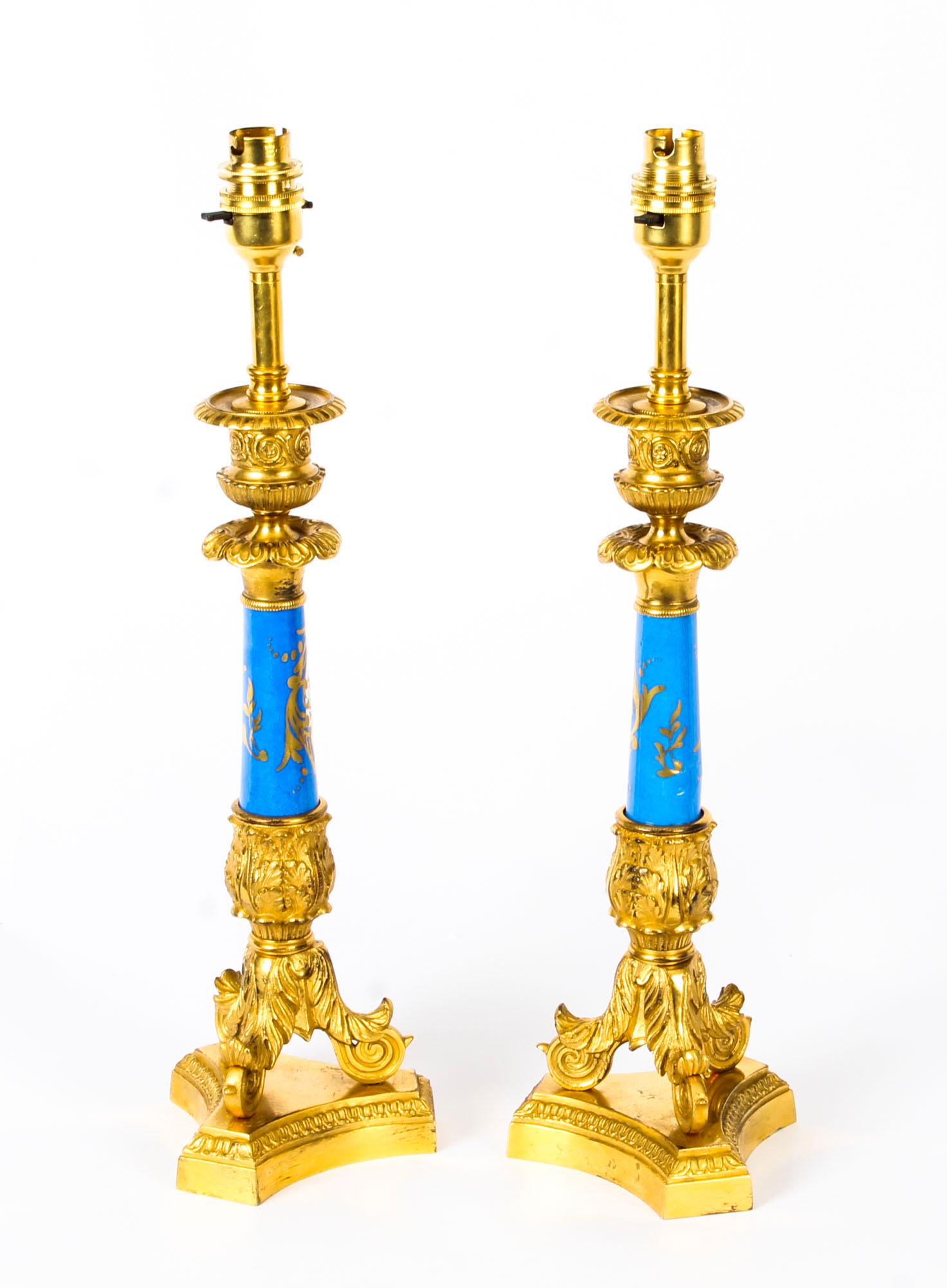 Antique Pair of French Ormolu and Sevres Bleu Celeste Porcelain Lamps In Good Condition In London, GB