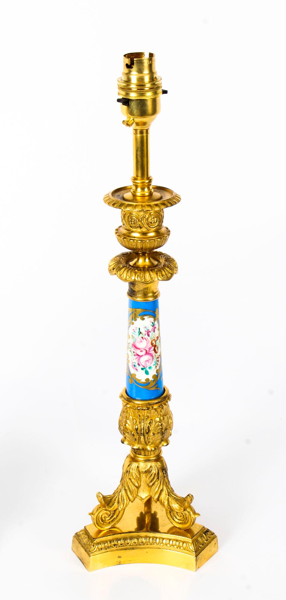 Antique Pair of French Ormolu and Sevres Bleu Celeste Porcelain Lamps 1