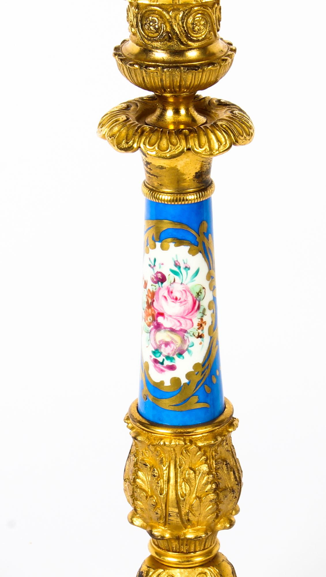 Antique Pair of French Ormolu and Sevres Bleu Celeste Porcelain Lamps 2