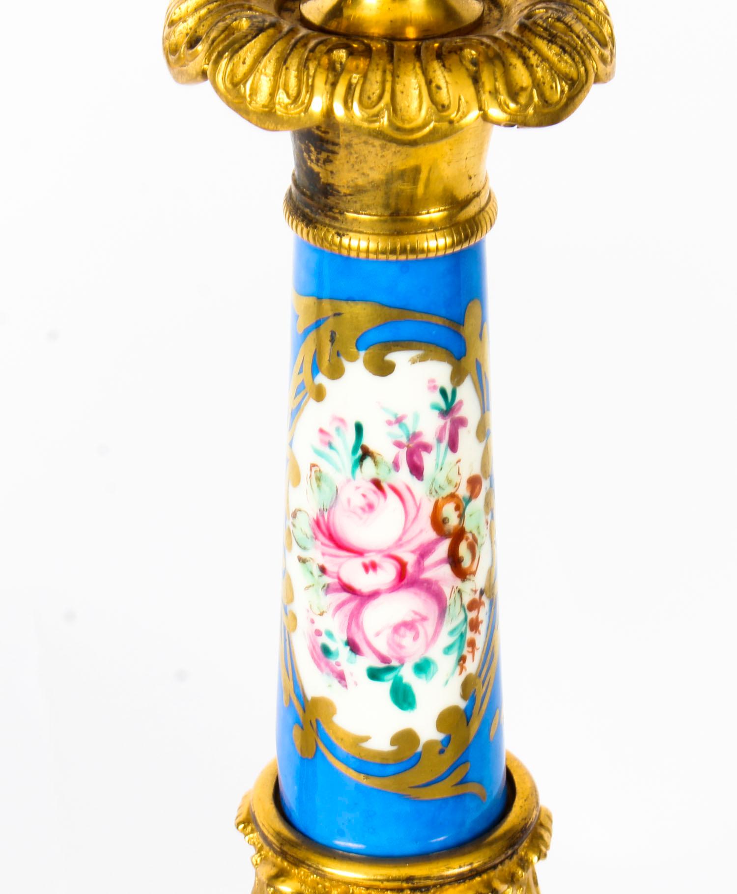 Antique Pair of French Ormolu and Sevres Bleu Celeste Porcelain Lamps 3