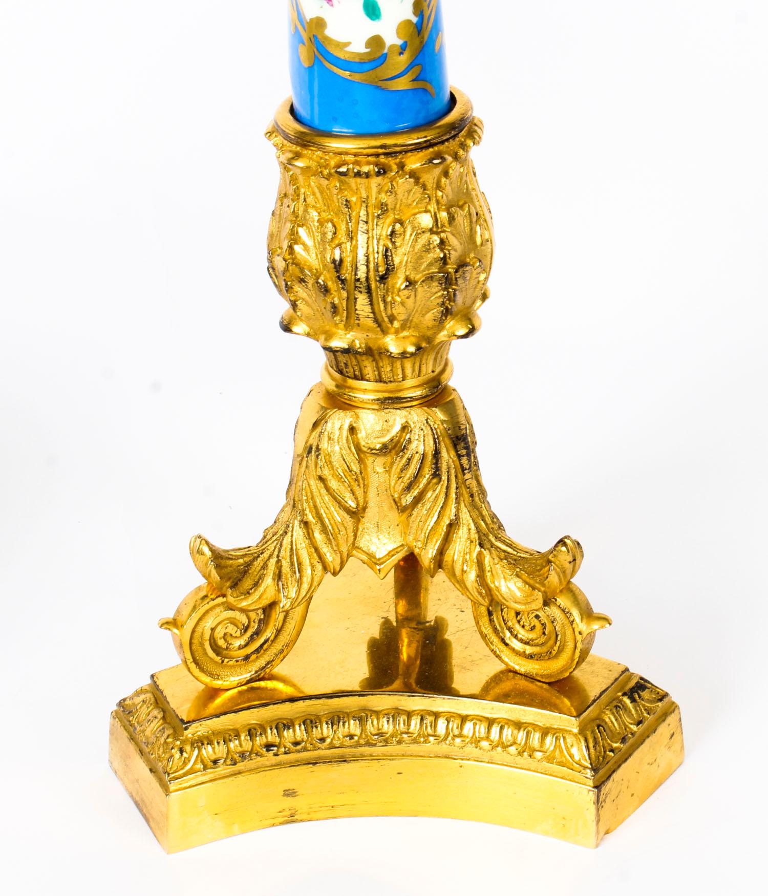 Antique Pair of French Ormolu and Sevres Bleu Celeste Porcelain Lamps 4