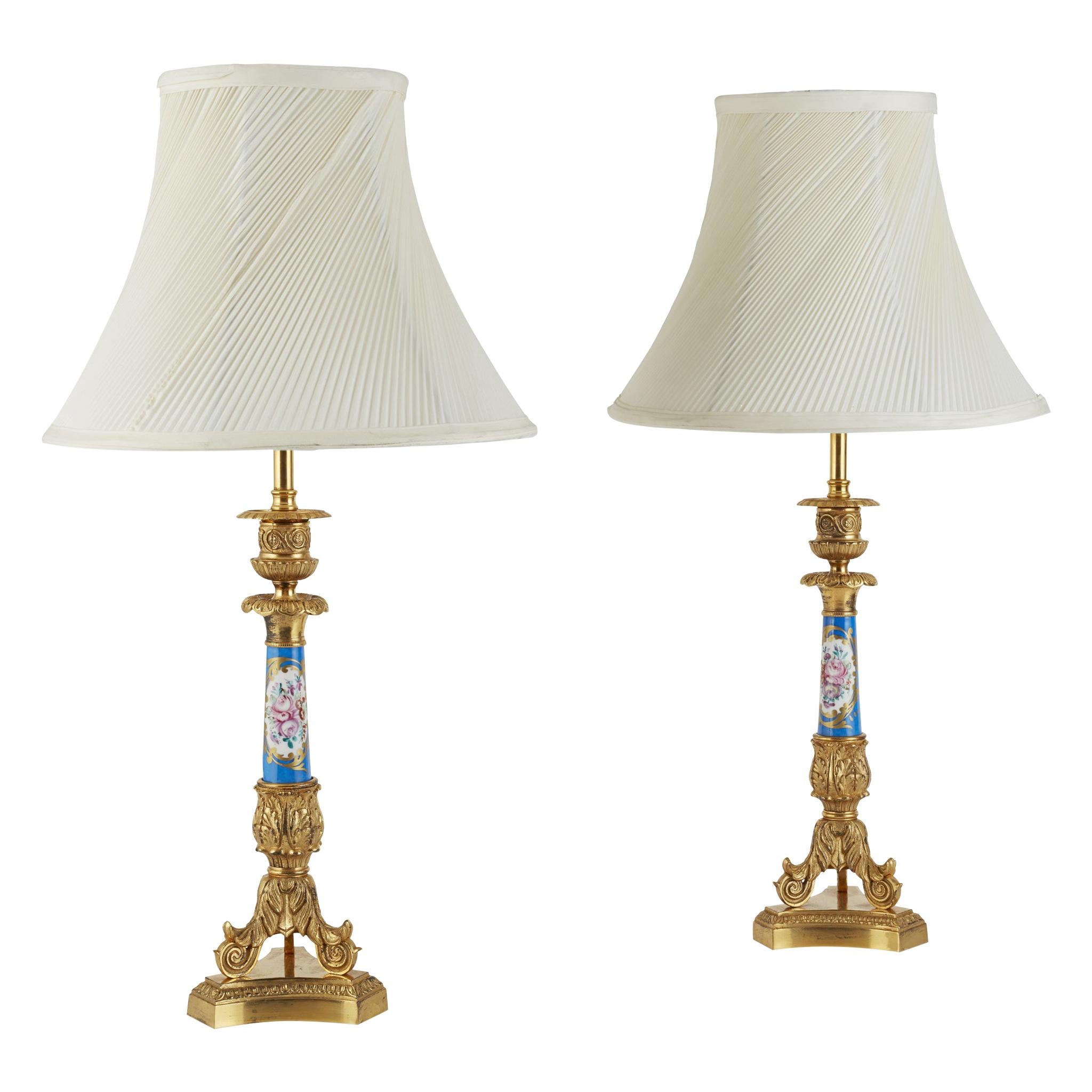 Antique Pair of French Ormolu and Sevres Bleu Celeste Porcelain Lamps