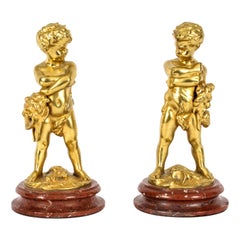 Antique Pair French Ormolu Bronze Cherubs by Louis Kley, 19th C