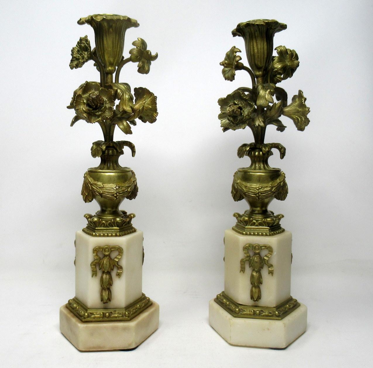 Grand Tour Antique Pair of French Ormolu Bronze Marble Candlesticks Candelabra Cream Gold  
