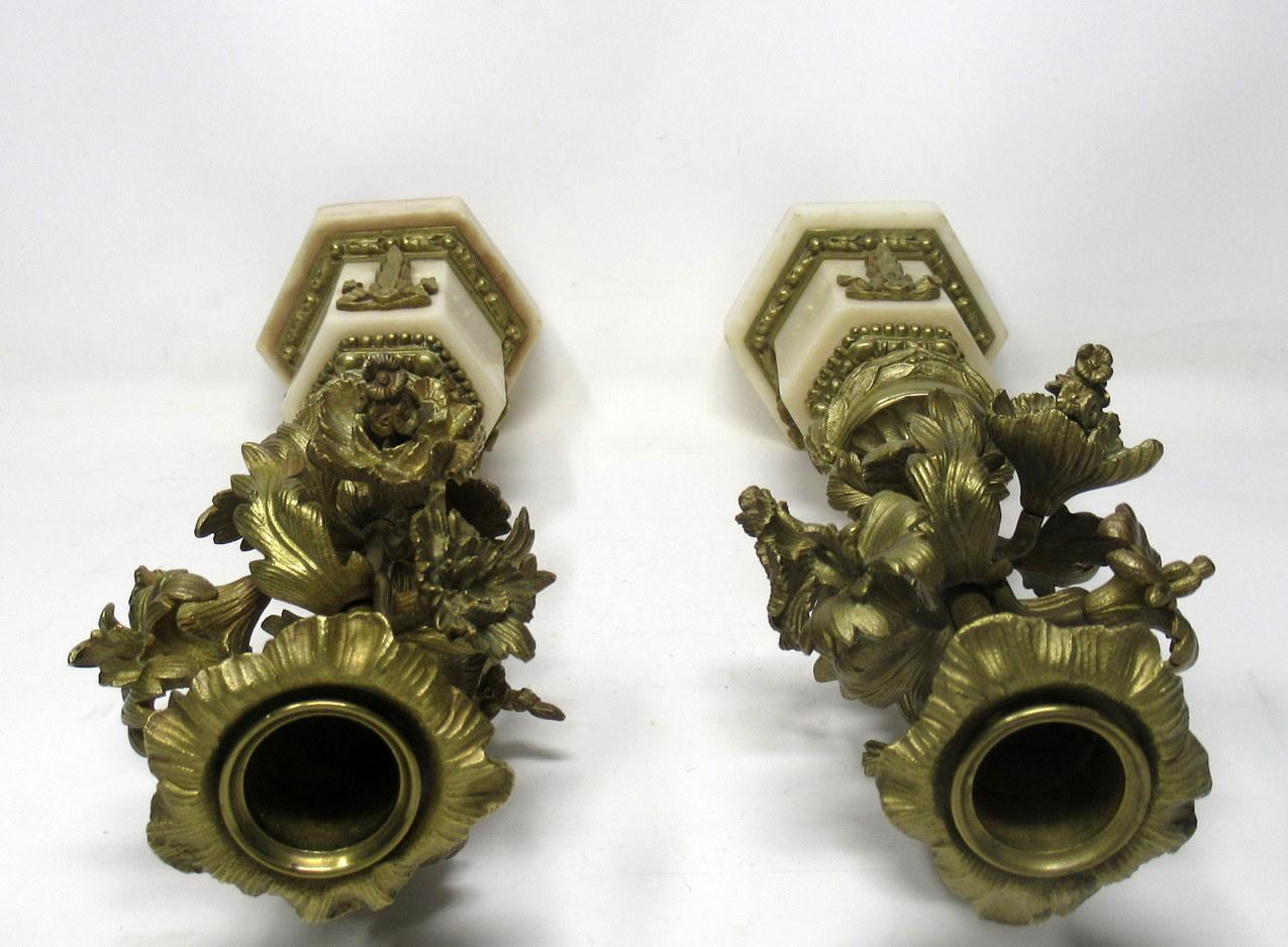 Siena Marble Antique Pair of French Ormolu Bronze Marble Candlesticks Candelabra Cream Gold  