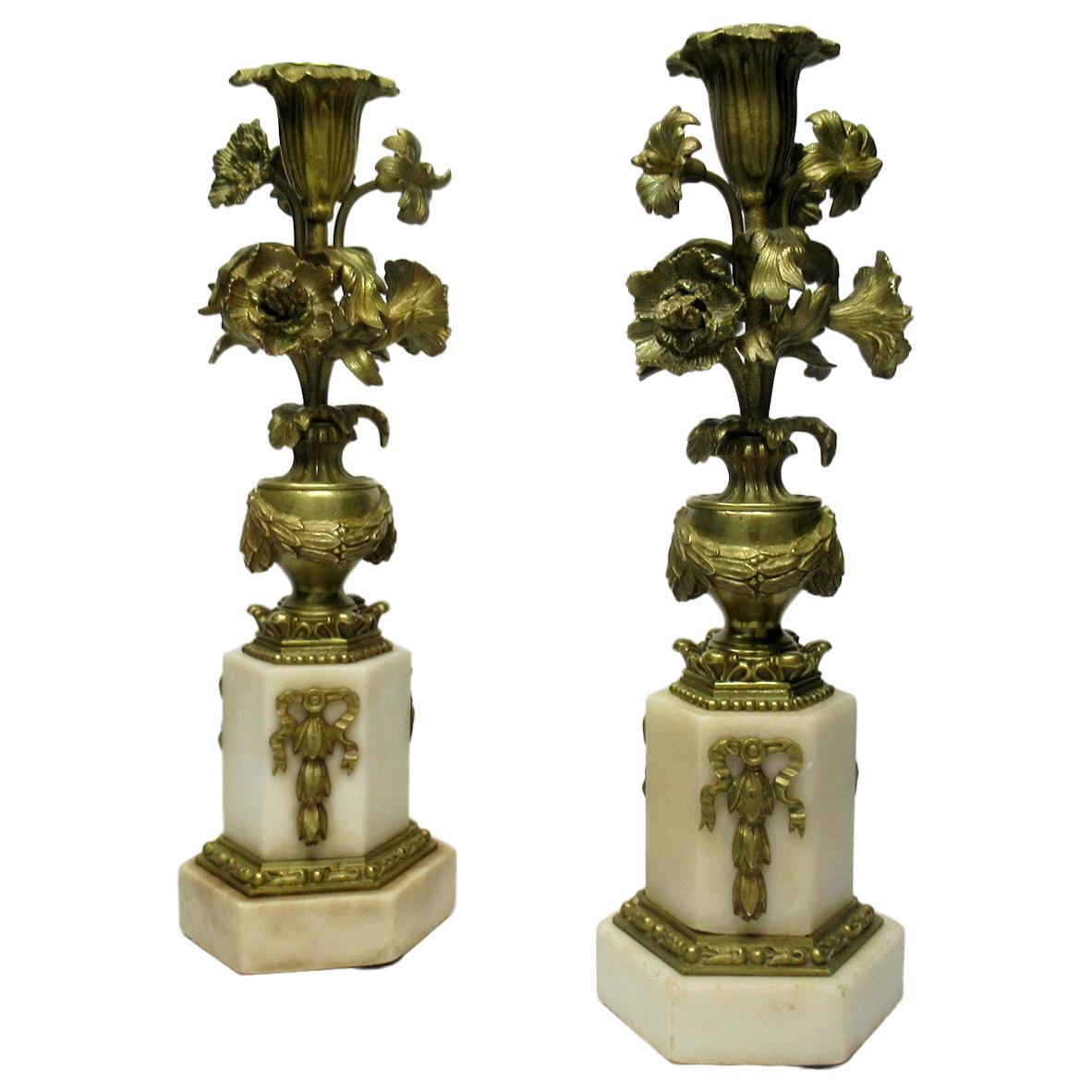 Antique Pair of French Ormolu Bronze Marble Candlesticks Candelabra Cream Gold  