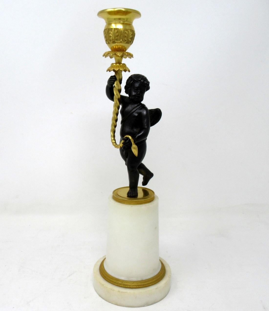Grand Tour Antique Pair of Ormolu Bronze Marble Single Light Figural Cherub Candlestick