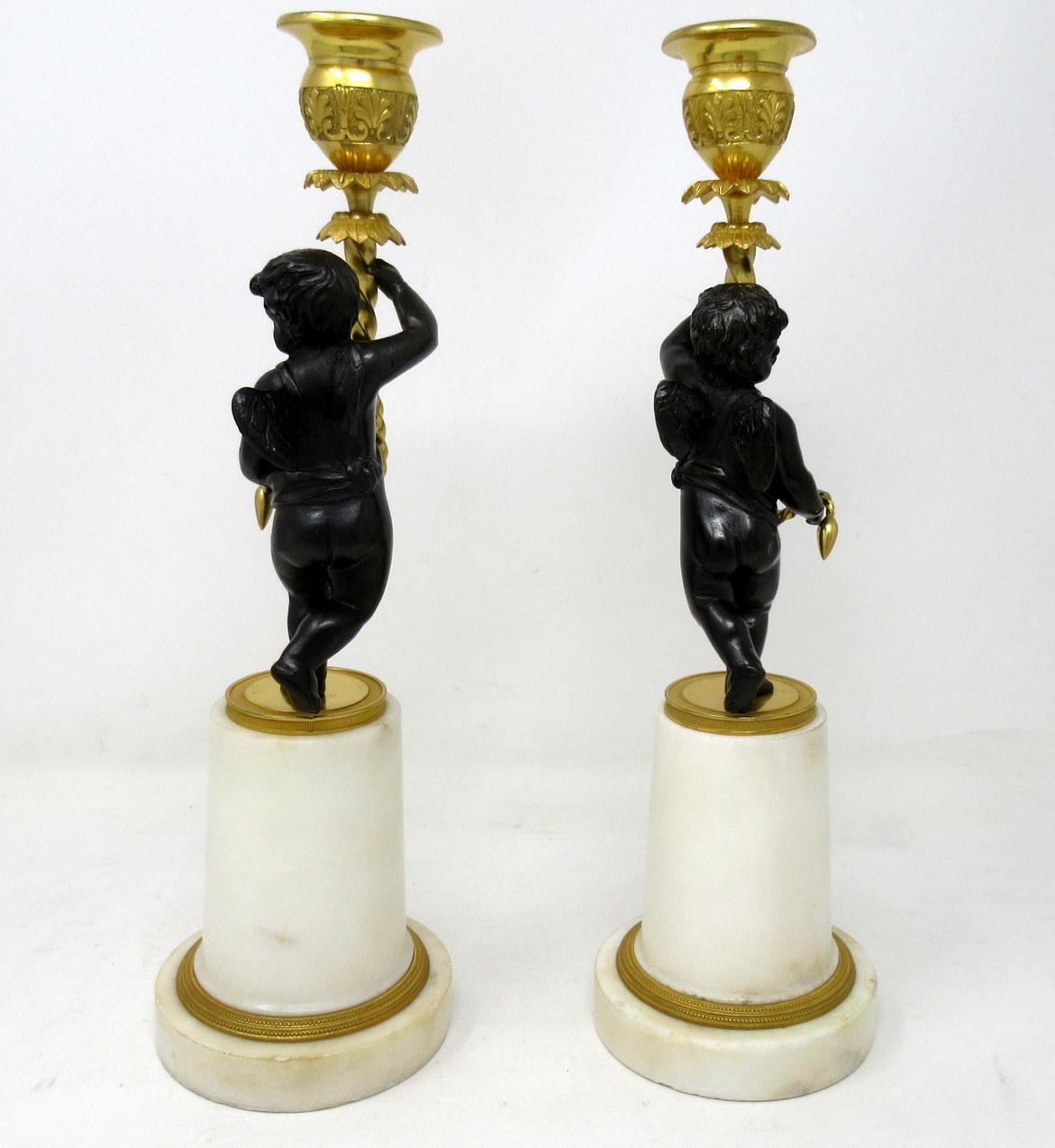 French Antique Pair of Ormolu Bronze Marble Single Light Figural Cherub Candlestick