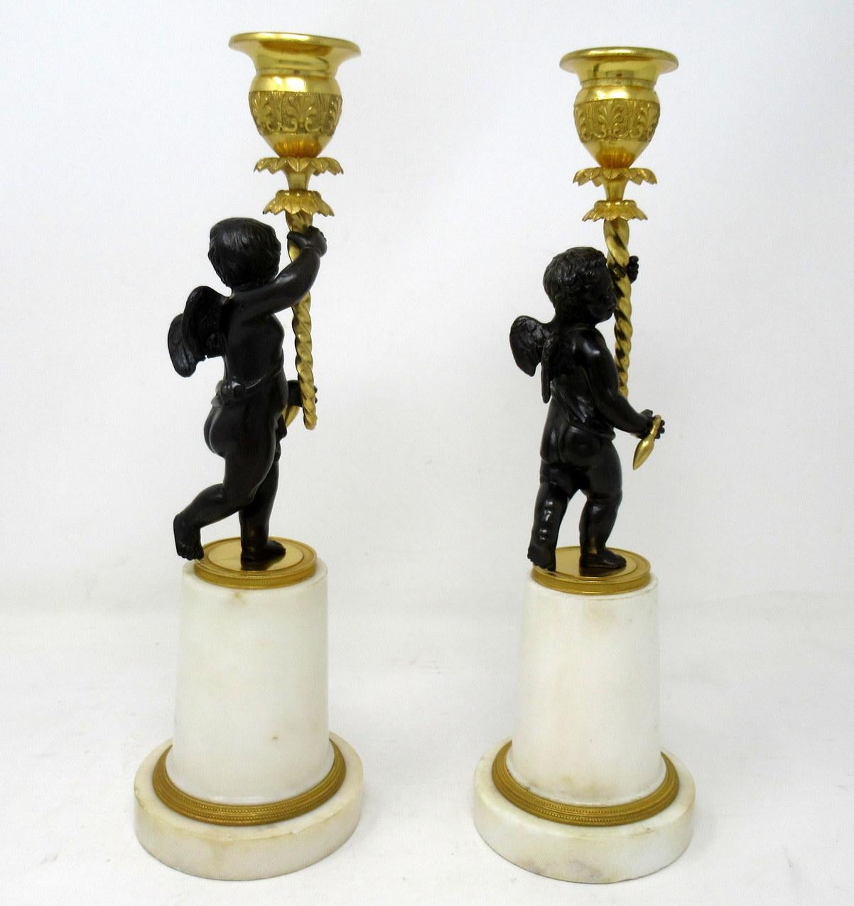 Antique Pair of Ormolu Bronze Marble Single Light Figural Cherub Candlestick In Good Condition In Dublin, Ireland